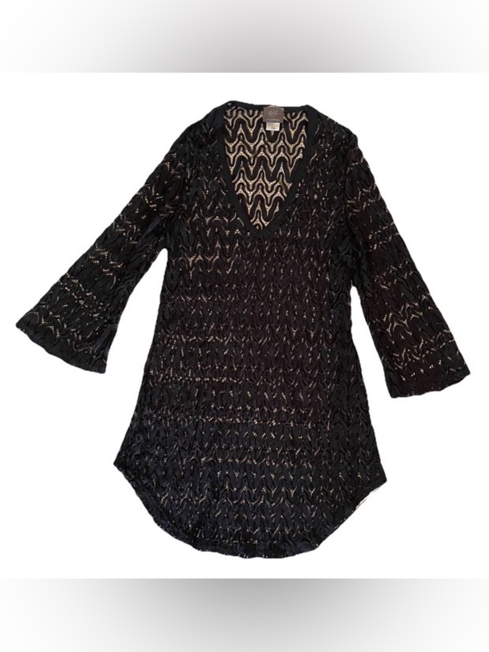 Elif for Jordan Taylor Lace Knit Beach Swim Cover Up Tunic Dress Sheer Black